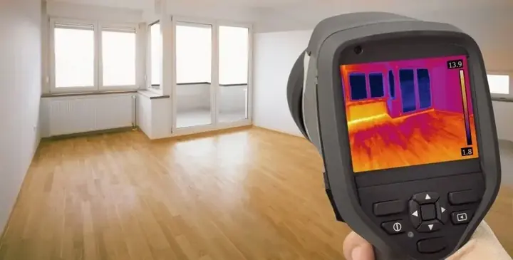 Thermal camera showing moisture spread across a wood floor during a Cedar Park inspection
