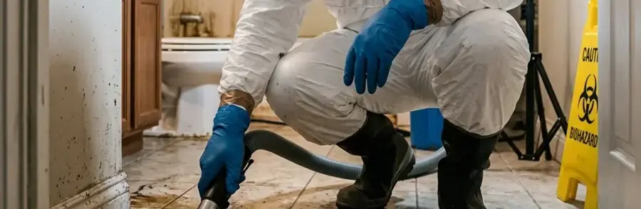 Technician in protective gear cleaning up a sewage backup in Cedar Park