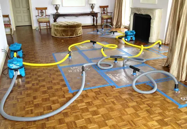Air movers and a dehumidifier drying a Cedar Park room to the S500 goal