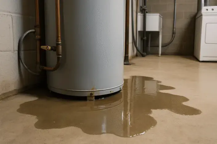 Water pooling on a concrete floor around a leaking tank water heater in Cedar Park